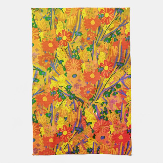 Orange Floral Cheerful  Tea Towel (Vertical)