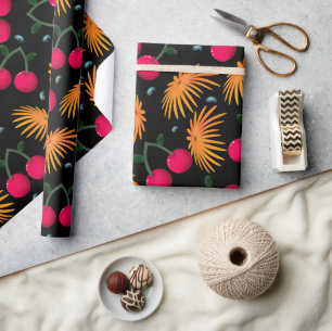 Orange Floral Cherry Pattern Wrapping Paper