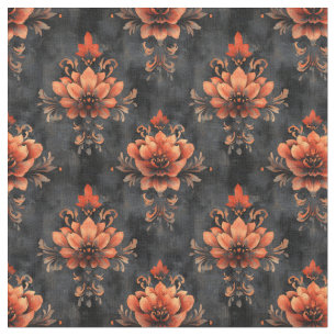 Orange Floral Damask on Distressed Black Fabric