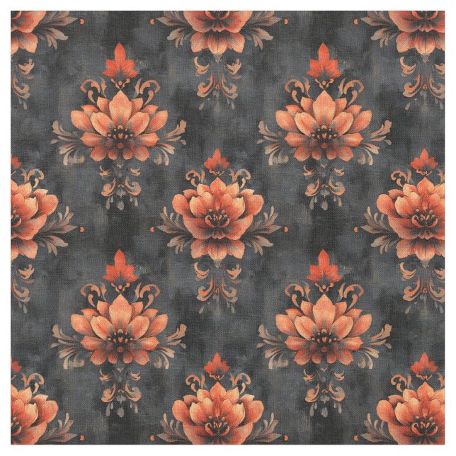 Orange Floral Damask on Distressed Black Fabric (Close Up)