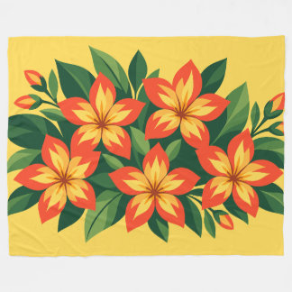 Orange Floral Design with Green Leaves Fleece Blanket