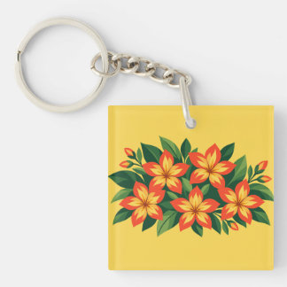 Orange Floral Design with Green Leaves Key Ring