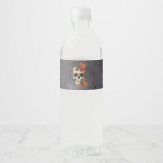 Orange Floral Elegant Skull Minimal Wedding Water Bottle Label
