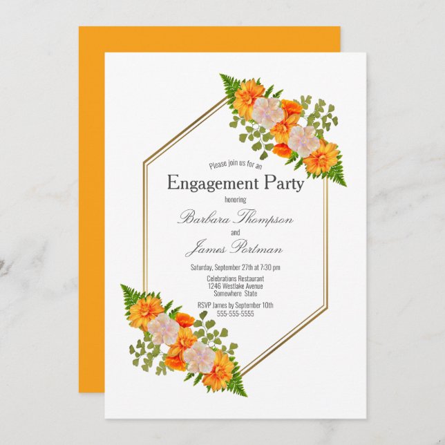 Orange Floral Gold Frame Engagement Part Invitation (Front/Back)