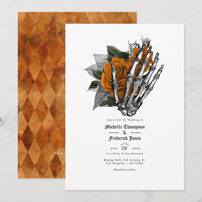 Orange Floral Gothic Wedding QR Code Invitation (Front/Back)