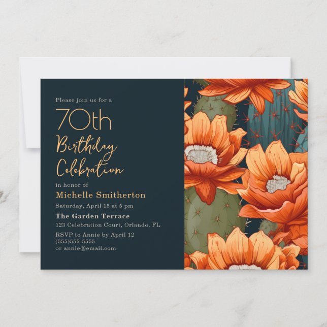 Orange Floral Green Cactus Navy 70th Birthday  Invitation (Front)