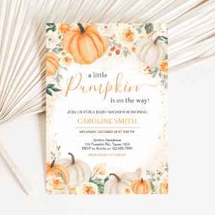 Orange Floral Greenery Little Pumpkin Baby Shower Invitation
