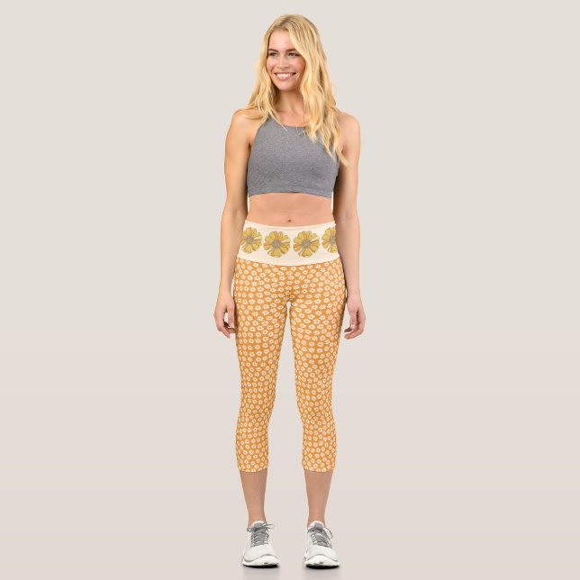 Orange Floral Groovy Retro Leggings (Front)
