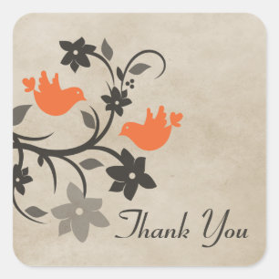Orange Floral Lovebirds Thank You Stickers