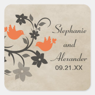 Orange Floral Lovebirds Wedding Stickers