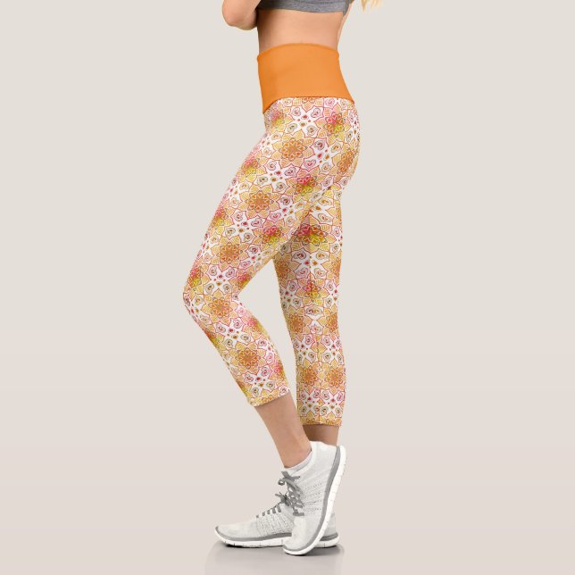 Orange Floral Mandala Circle Batik Pattern  Capri Leggings (Left)
