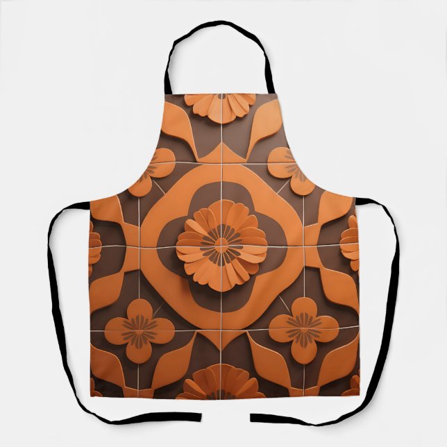 Orange Floral Medallion Geometric Tile Pattern Apron (Front)