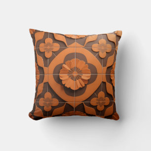 Orange Floral Medallion Geometric Tile Pattern Cushion