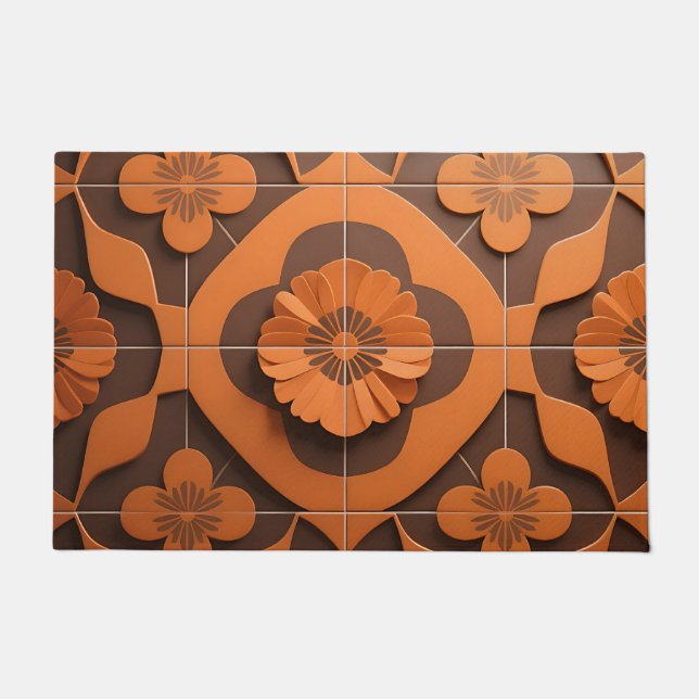 Orange Floral Medallion Geometric Tile Pattern Doormat (Front)