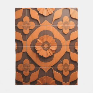 Orange Floral Medallion Geometric Tile Pattern Fleece Blanket