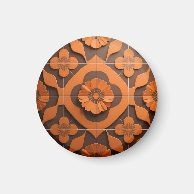 Orange Floral Medallion Geometric Tile Pattern Magnet (Front)