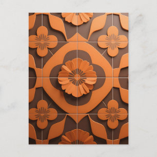 Orange Floral Medallion Geometric Tile Pattern Postcard