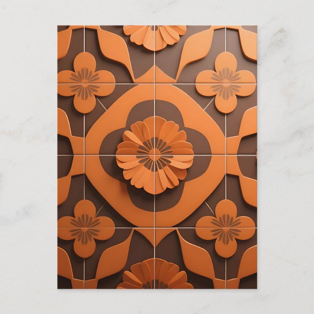 Orange Floral Medallion Geometric Tile Pattern Postcard (Front)