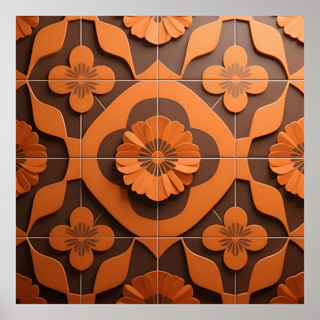 Orange Floral Medallion Geometric Tile Pattern Poster (Front)