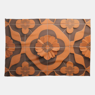 Orange Floral Medallion Geometric Tile Pattern Tea Towel