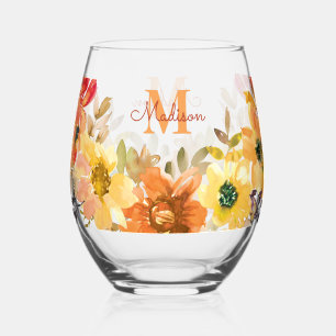 Orange Floral Monogram Name Gift Stemless Wine Glass