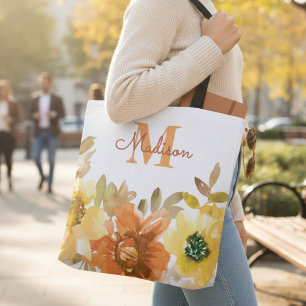 Orange Floral Monogram Name Gift Tote Bag