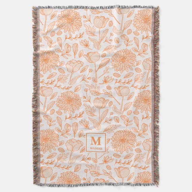 Orange Floral Monogram Throw Blanket (Front Vertical)