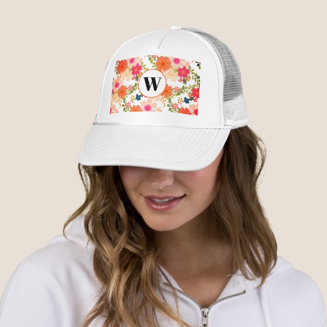 Orange Floral Monogram Trucker Hat (In Situ)