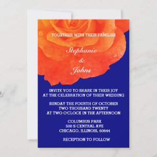 Orange Floral Navy Blue Rose Flower Wedding Invitation