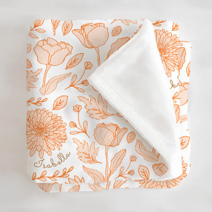 Orange Floral Pattern Custom Name Fleece Blanket