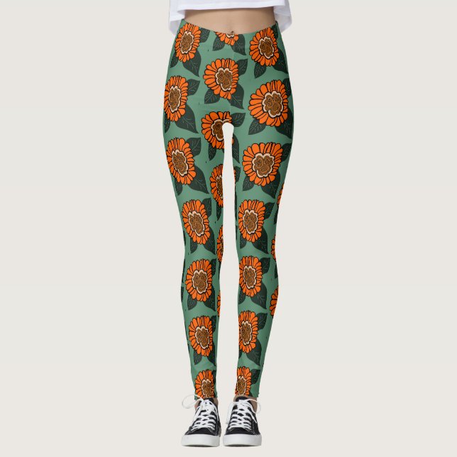 Orange Floral pattern design Leggings (Front)