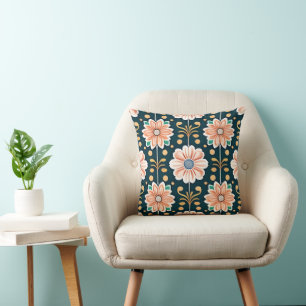 Orange Floral Pattern on a Black Background Cushion