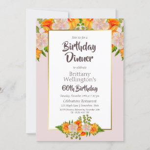 Orange Floral Pink Frame 60th Birthday Party Invitation