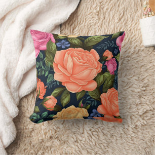 Orange Floral Pink Roses Botanical Flower Bloom Cushion