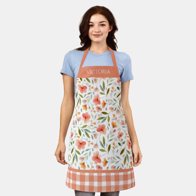 Orange Floral Plaid Watercolor Modern Personalised Apron (Worn)