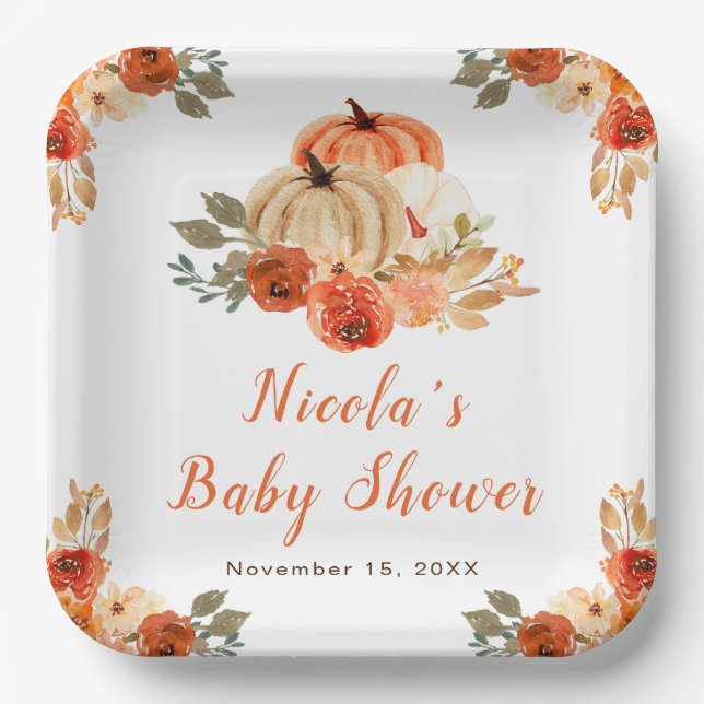 Orange Floral Pumpkins Baby Shower  Paper Plate (Front)