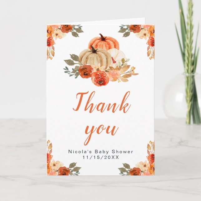Orange Floral Pumpkins Baby Shower  Thank You Card (Front)