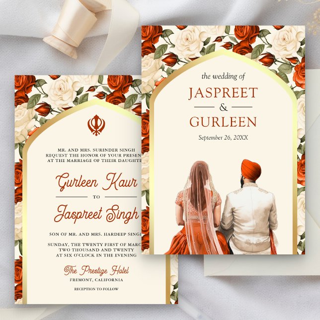 Orange Floral Punjabi Anand Karaj Sikh Wedding Invitation (Creator Uploaded)