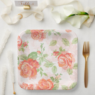 Orange floral rose Paper Plate