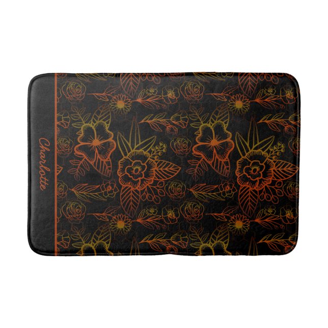Orange floral seamless pattern personalised name bath mat (Front)