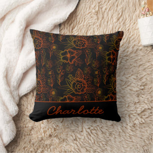 Orange floral seamless pattern personalised name cushion
