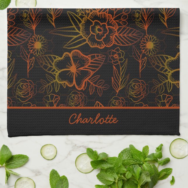 Orange floral seamless pattern personalised name  tea towel (Folded)