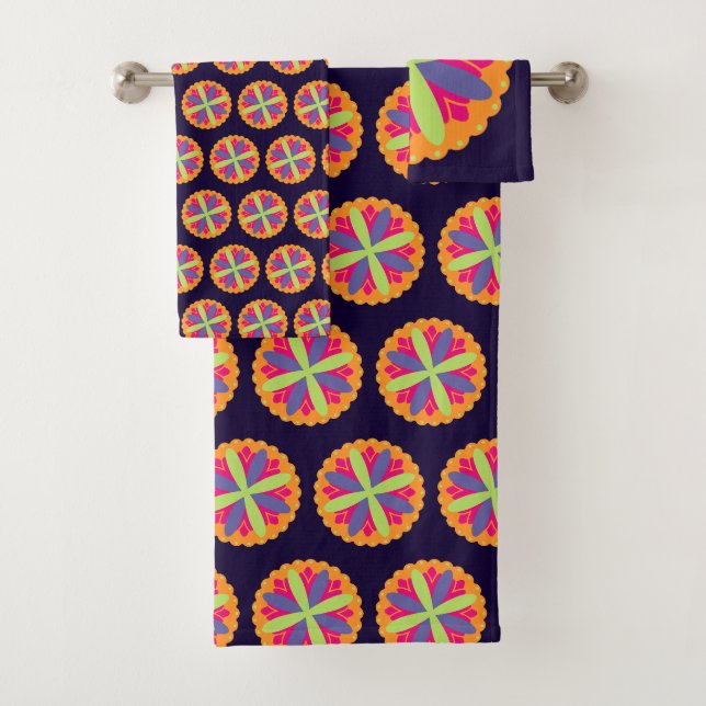 Orange floral shapes illustration bath towel set (Insitu)