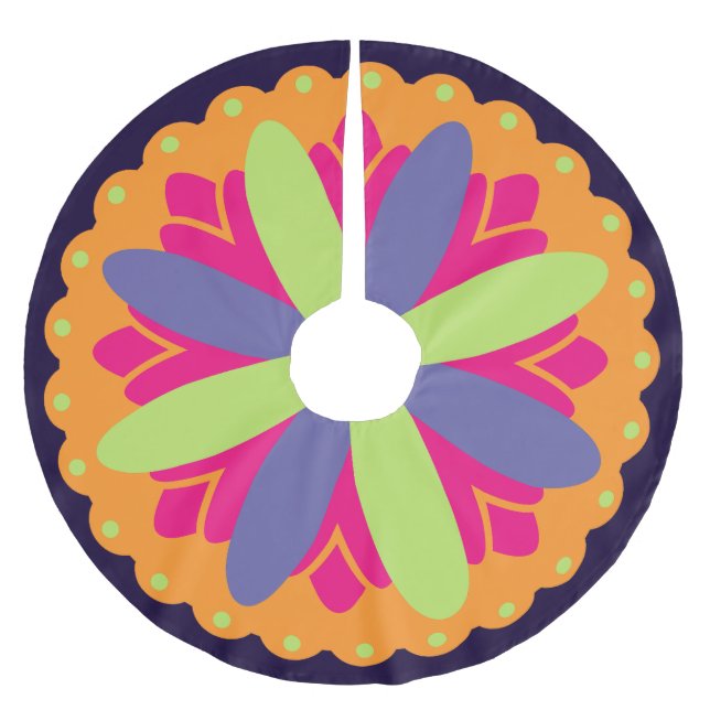 Orange floral shapes illustration brushed polyester tree skirt (Front)