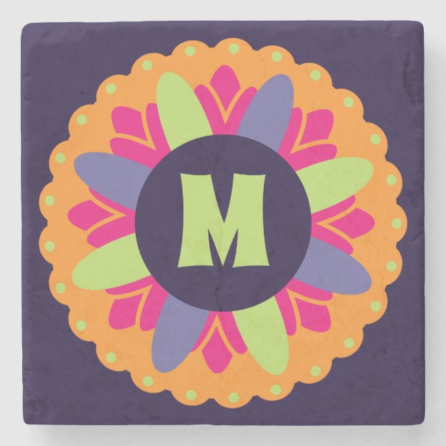 Orange floral shapes illustration stone coaster (Front)