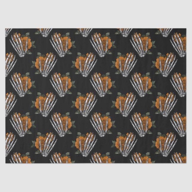 Orange Floral Skeleton Hands on Black Decoupage Tissue Paper (Front)