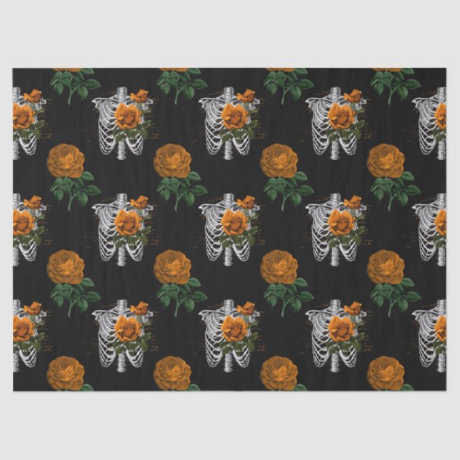 Orange Floral Skeleton Torsos on Black Decoupage Tissue Paper (Front)