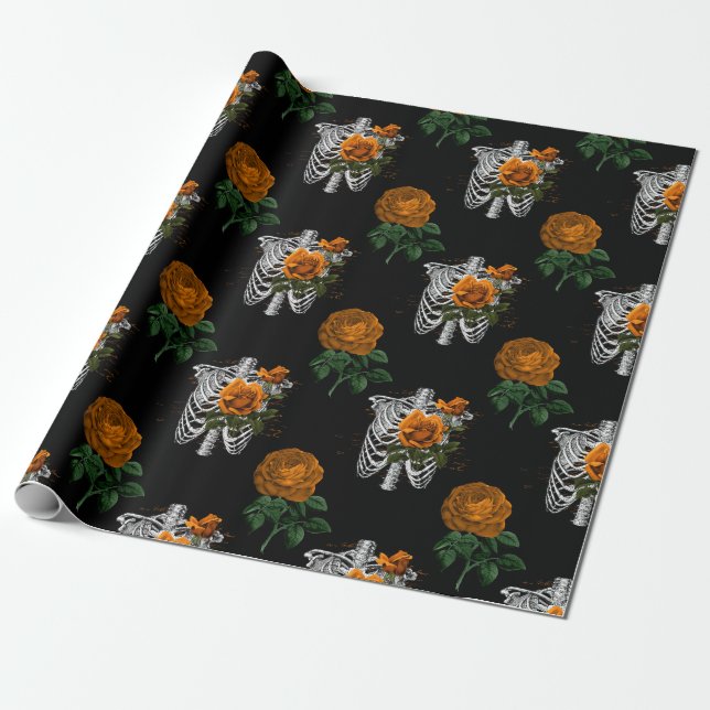 Orange Floral Skeleton Torsos on Black Wrapping Paper (Unrolled)