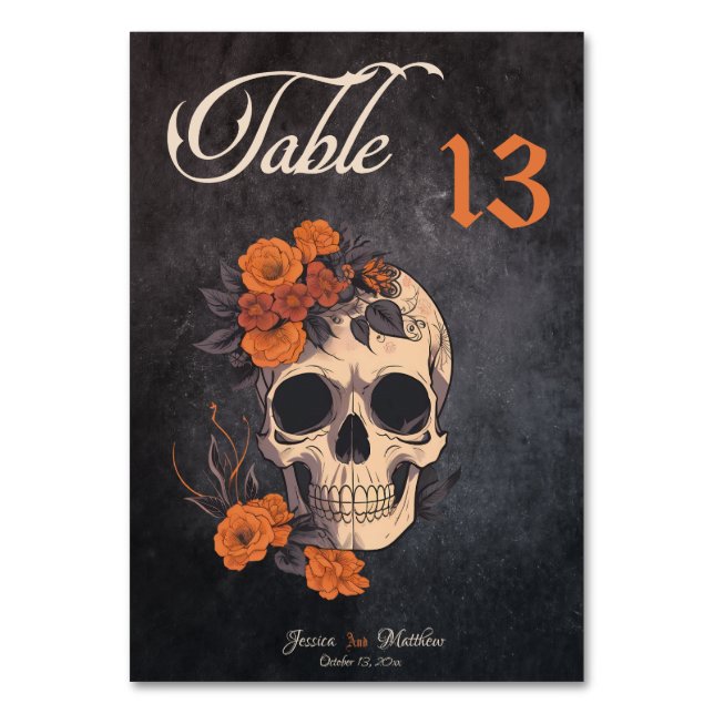 Orange Floral Skull Elegant Table Number Card (Front)