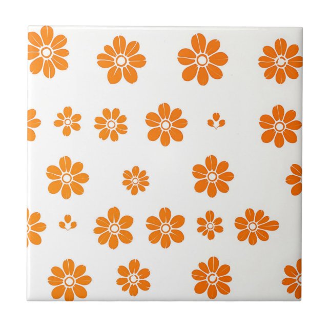 Orange Floral Stencil Pattern on White Background Tile (Front)